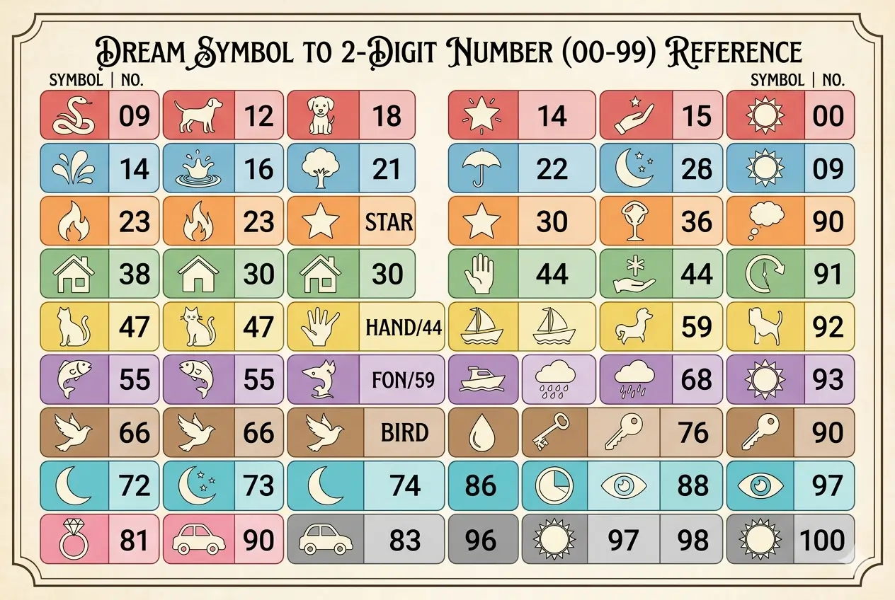 Tabel visual buku mimpi 2D dengan daftar mimpi dan pasangan angka 00-99