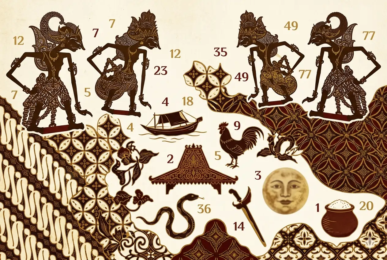 Ilustrasi erek-erek dalam tradisi budaya Jawa — simbol wayang dan angka