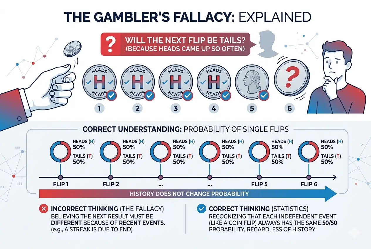 Ilustrasi Gambler's Fallacy — koin dan dadu yang menunjukkan independensi setiap lemparan