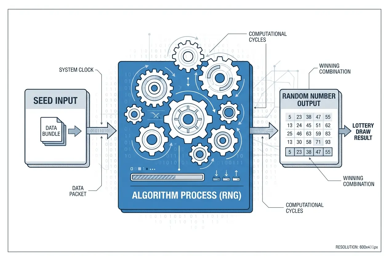 Diagram cara kerja Random Number Generator (RNG) dalam pengundian lotere digital
