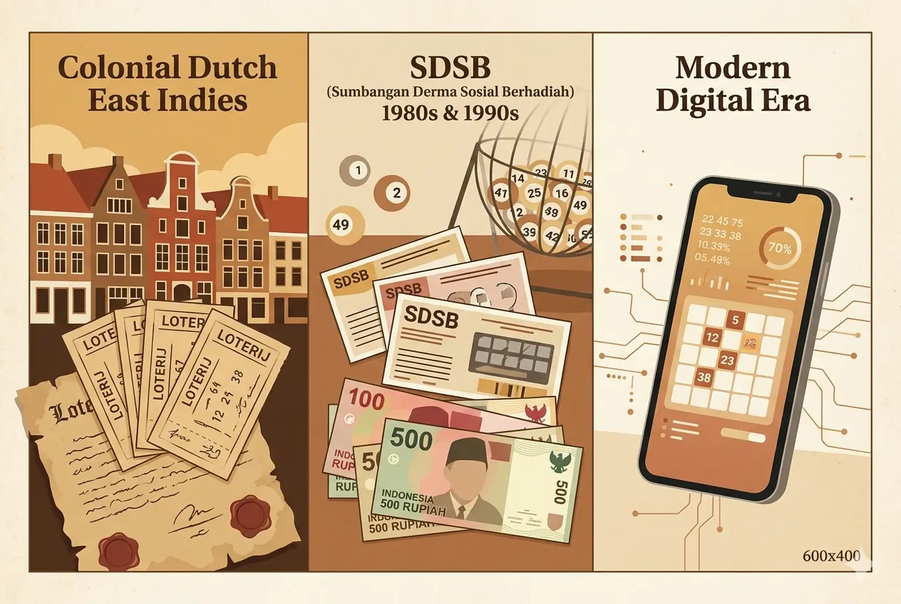 Ilustrasi sejarah perkembangan togel di Indonesia dari era kolonial hingga modern