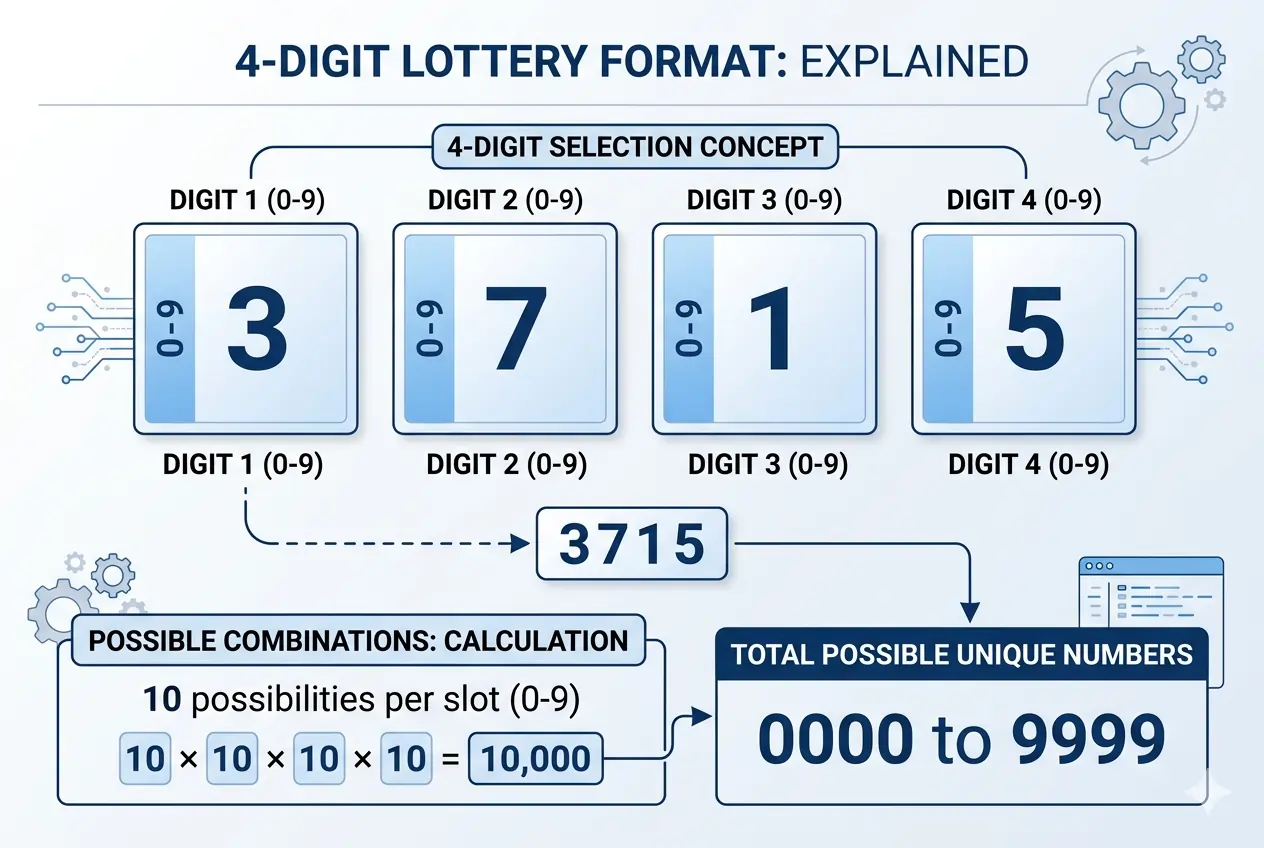 Diagram format permainan Toto 4D — empat digit angka dari 0000 sampai 9999